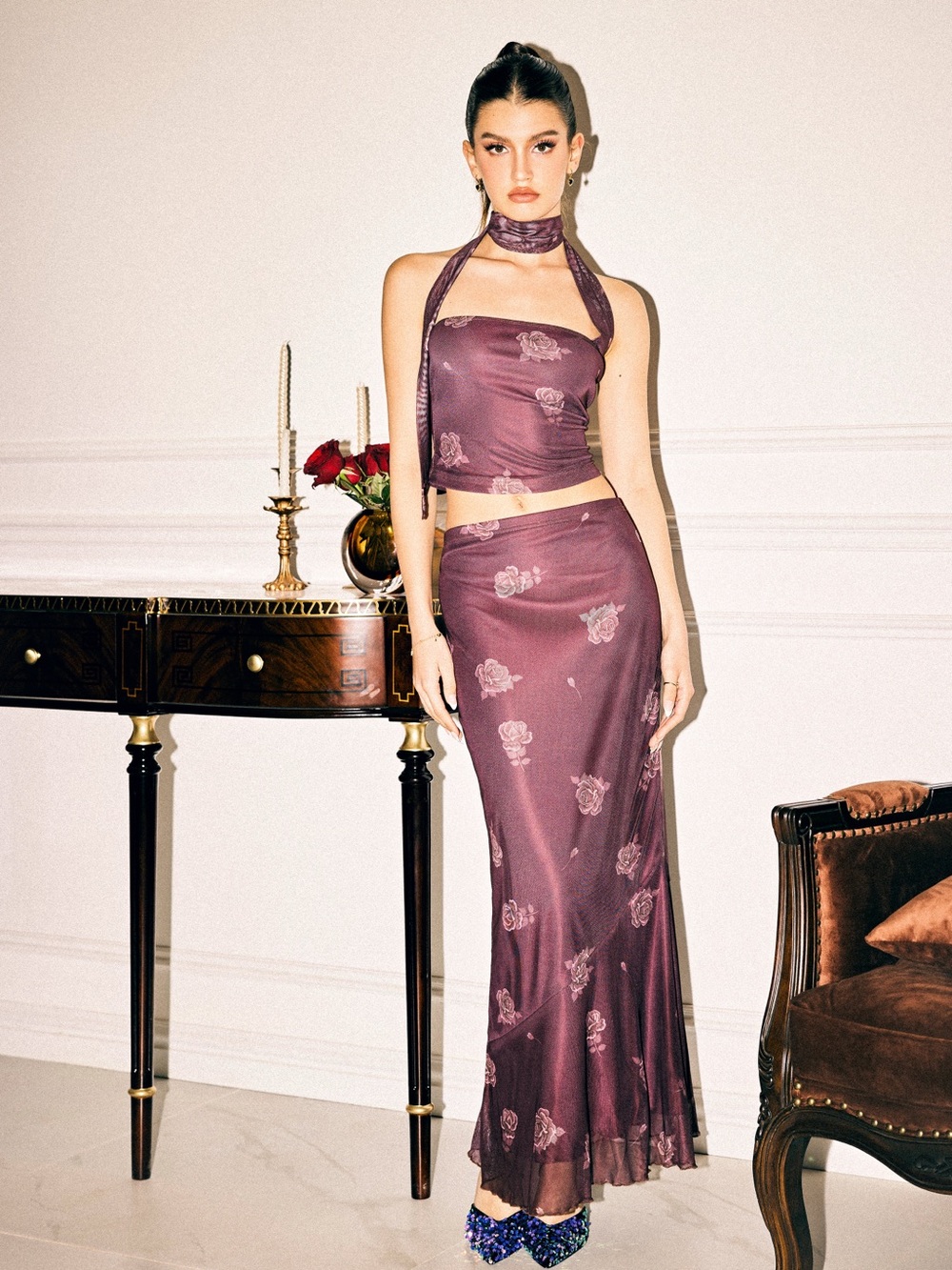 Cider Floral Plum Two-Piece Stretchy Set